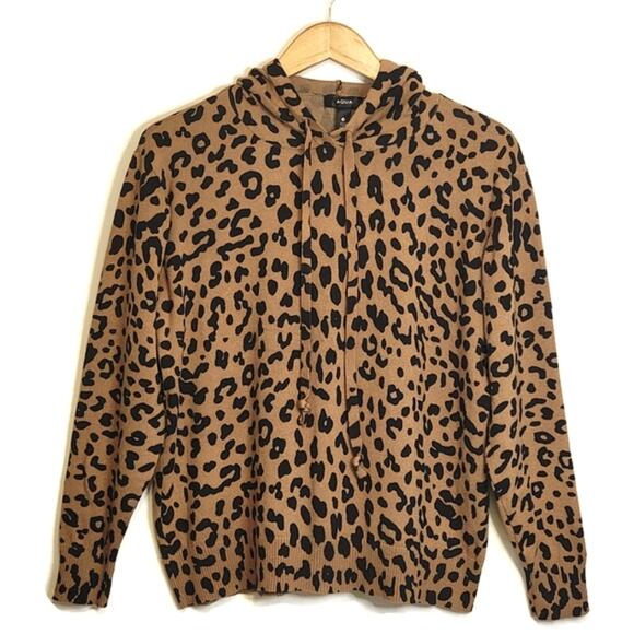 AQUA Animal Leopard Print Hoodie Sweater Tan Black Long Sleeve Casual Trendy L - Picture 1 of 11